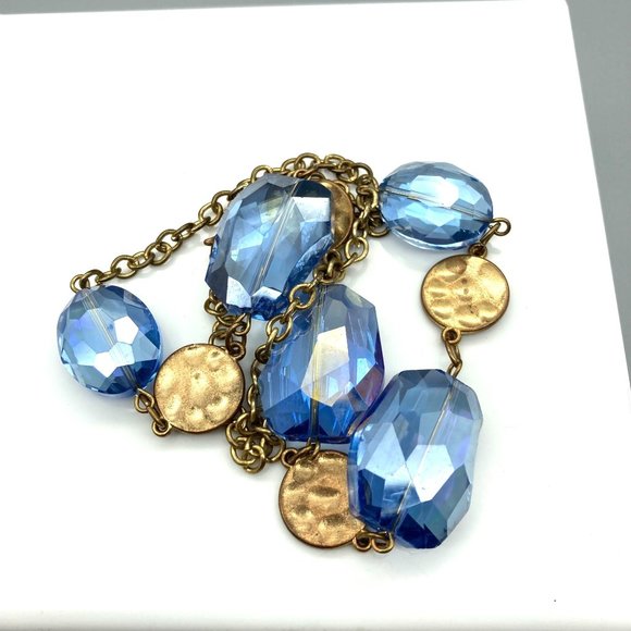 Vintage Sparkling Blue Crystal Necklace with Gold Tone Hammered Discs, Retro - Picture 2 of 4